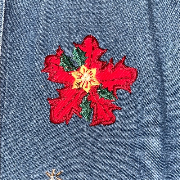 Vintage Jean Shirt • Denim Button-Up Shirt with Holiday Embroidery • Christmas - Picture 7 of 11